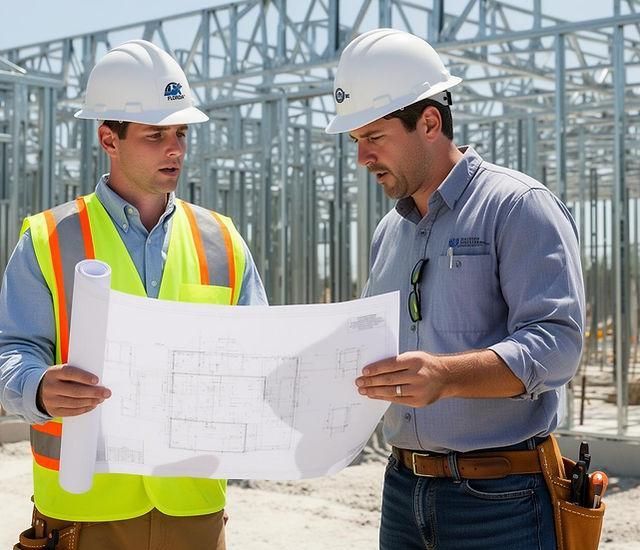 Two construction workers in hard hats reviewing blueprints at a building site