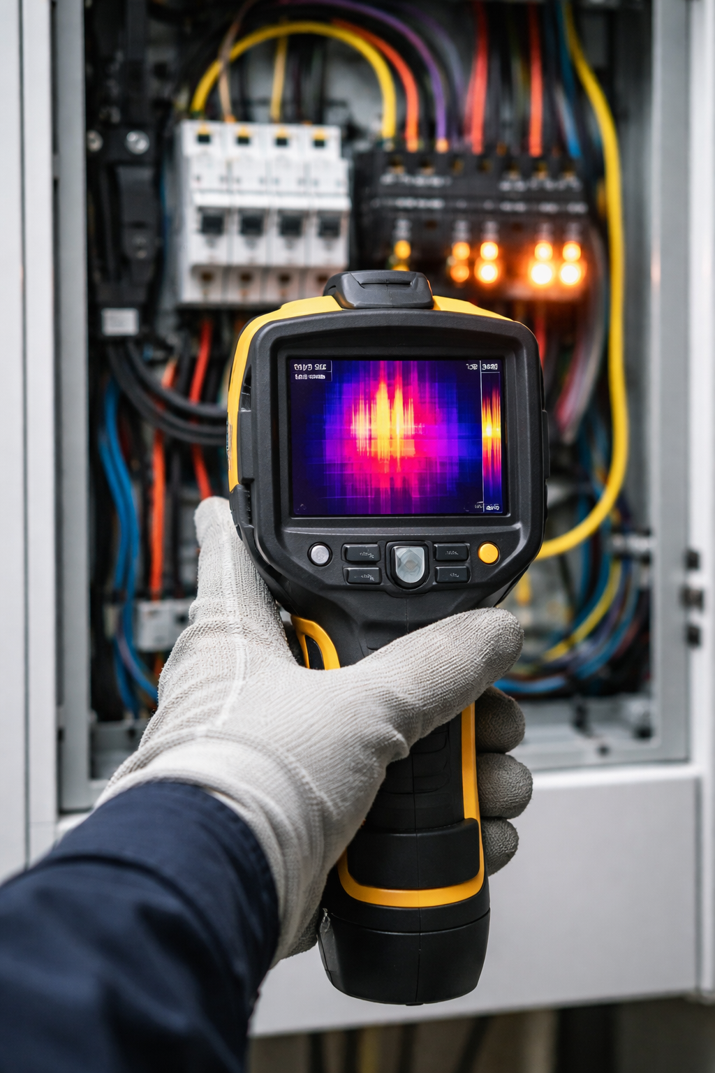 Thermal camera scanning an open electrical panel with glowing hotspots and colorful wiring