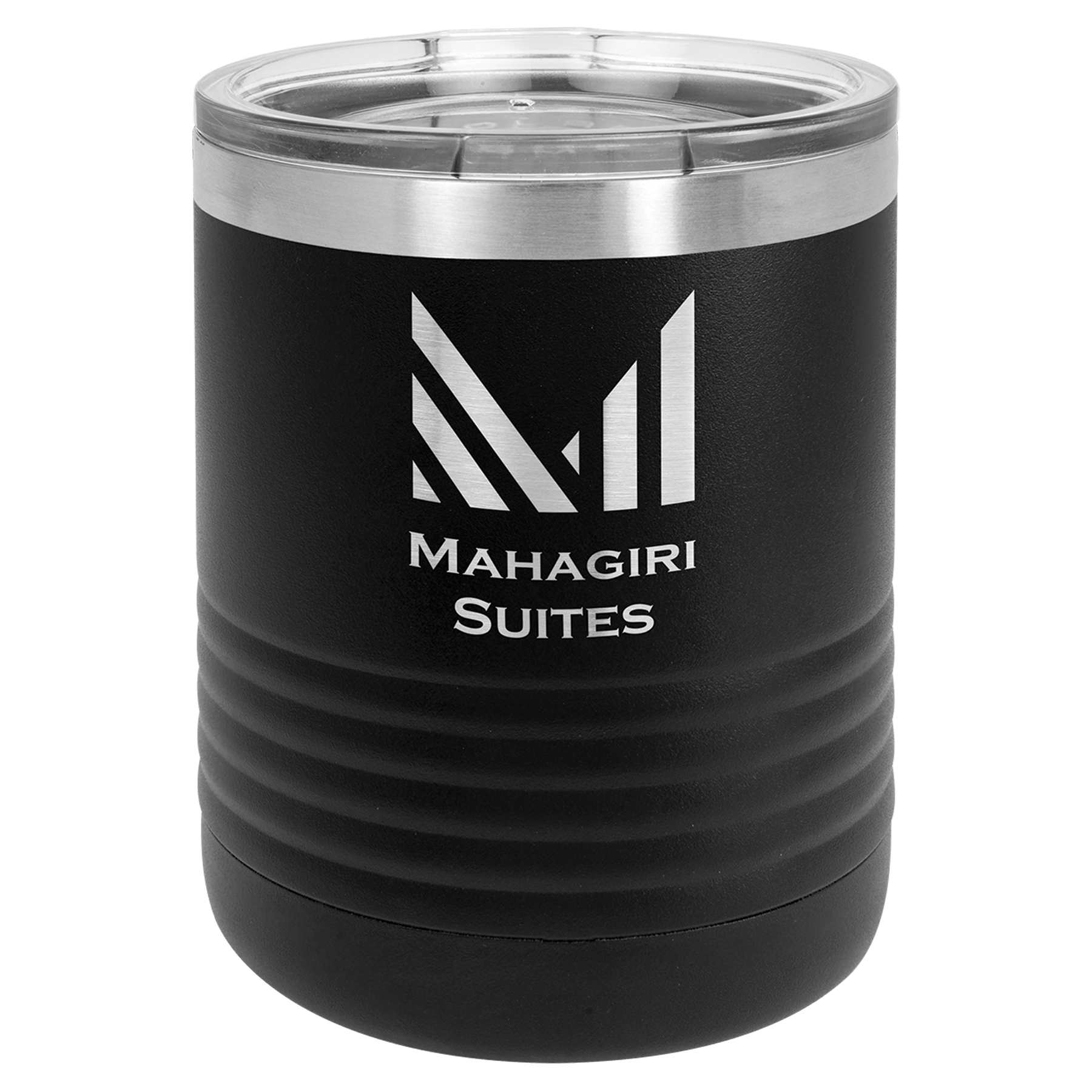 Black insulated tumbler with silver lid, branded “Mahagiri Suites” in white logo and text.