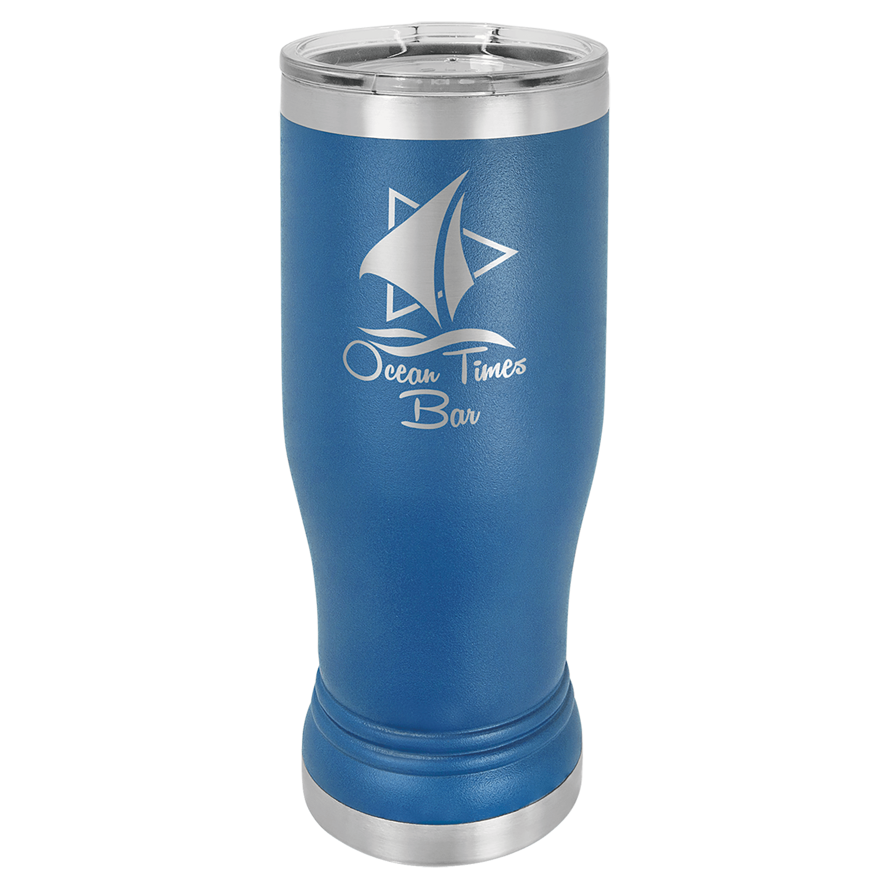Blue stainless steel tumbler with a silver lid and base, featuring a sailboat logo and “Ocean Tavers” text