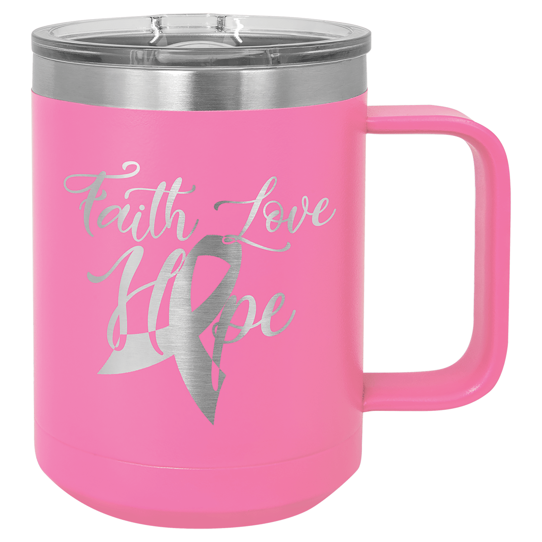 Pink stainless steel mug with handle and lid, printed with “Faith Love Hope” and a cross-like design