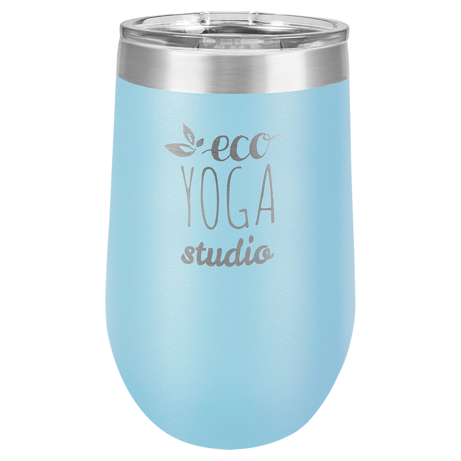 Light blue insulated tumbler with “eco yoga studio” text and a silver lid