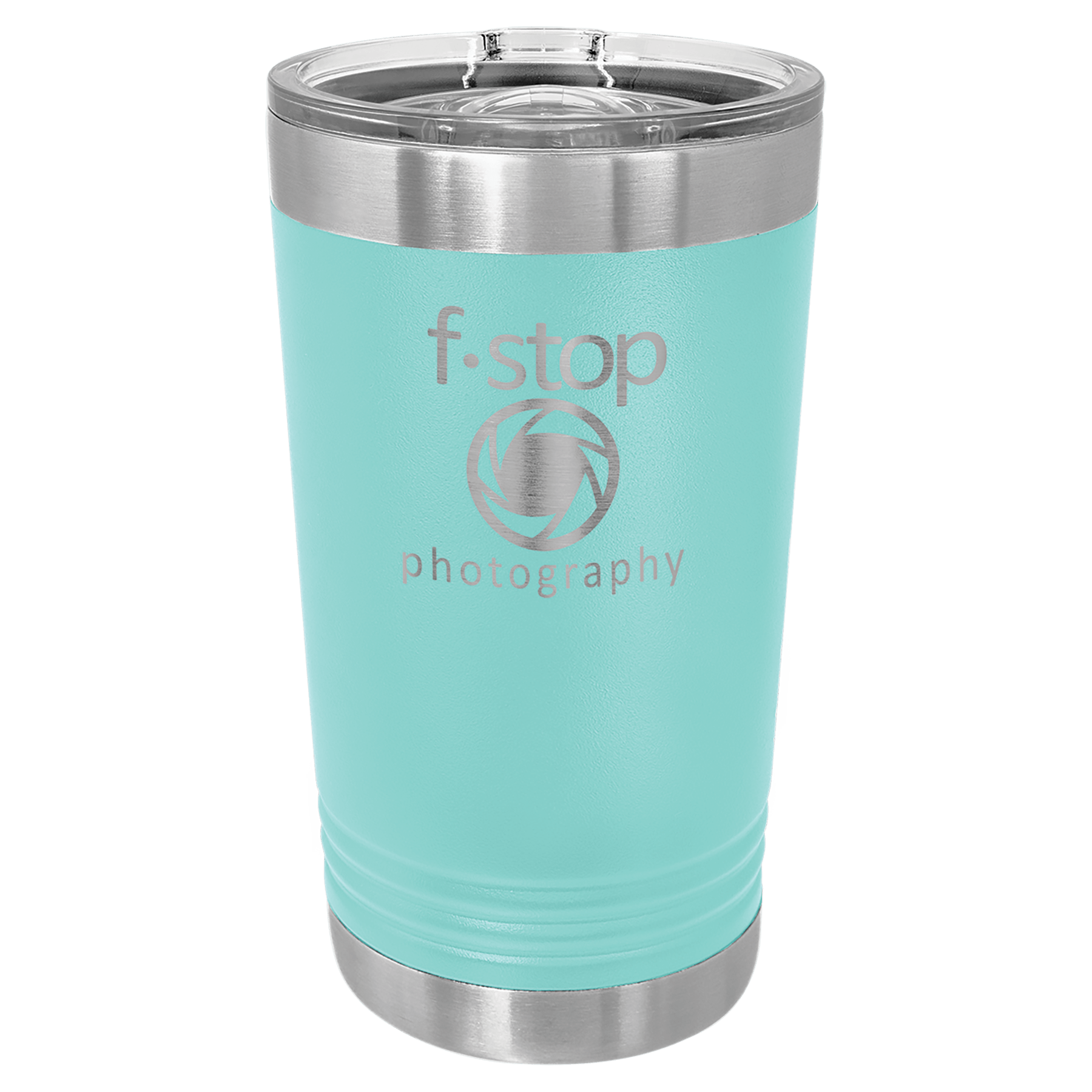 Turquoise stainless steel travel tumbler with silver rim and base, labeled “f-stop photography”