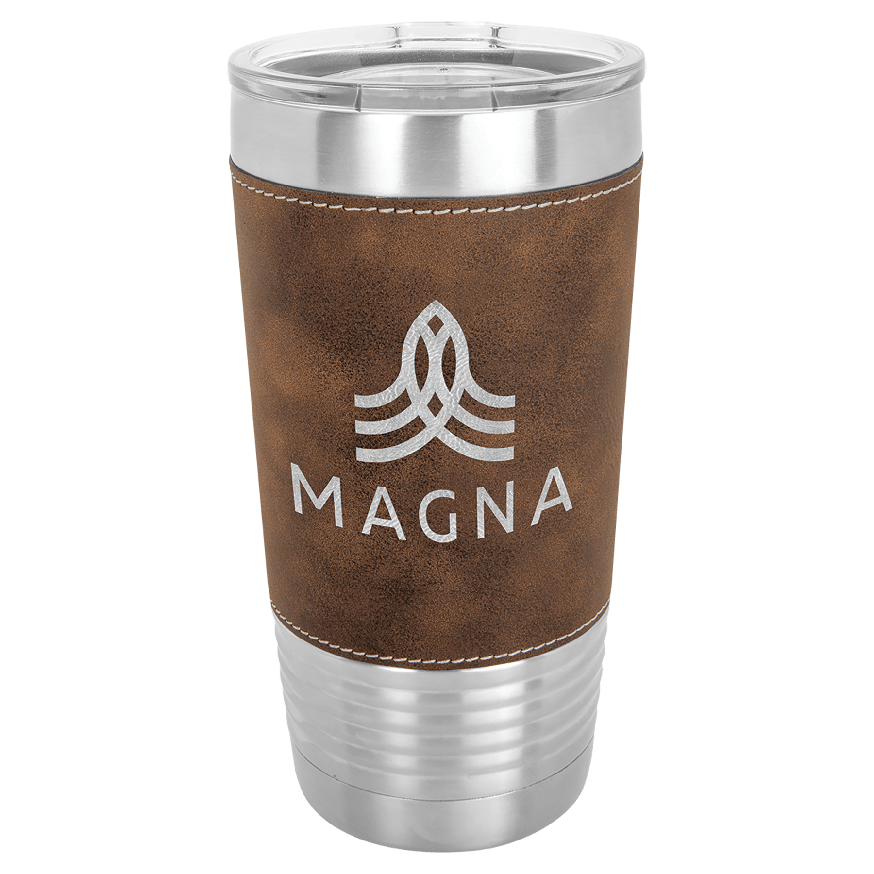 Silver travel tumbler with brown suede panel and MAGNA logo, isolated on white background
