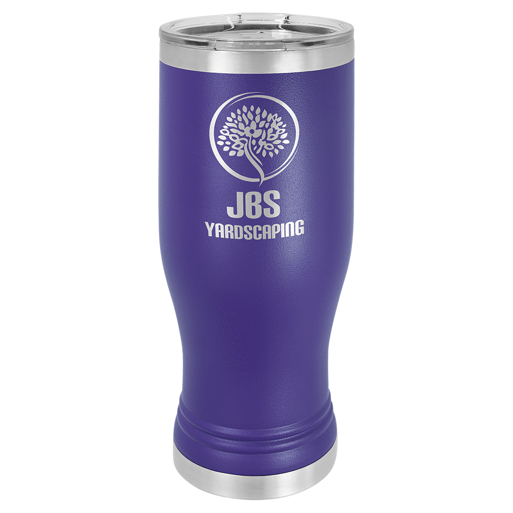 Purple insulated tumbler with silver rim and base, branded “JOS YARUSSCAPING” with tree logo.