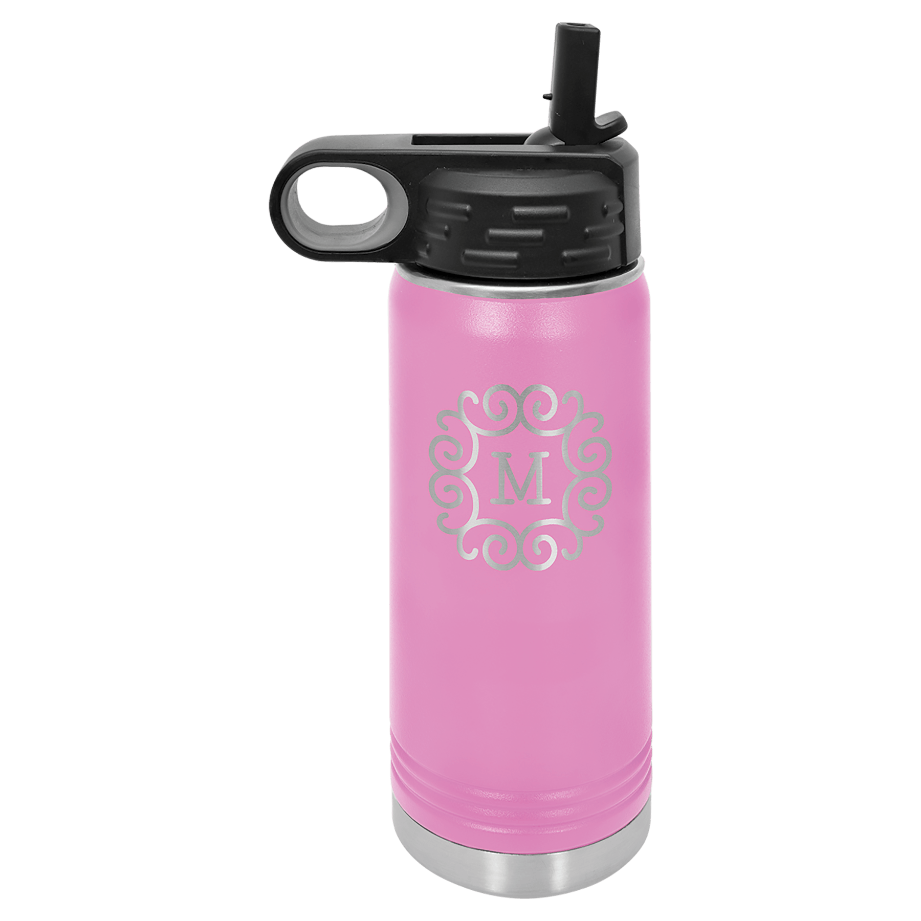 Pink insulated water bottle with black flip-top lid and gray base, decorated with a monogram M.