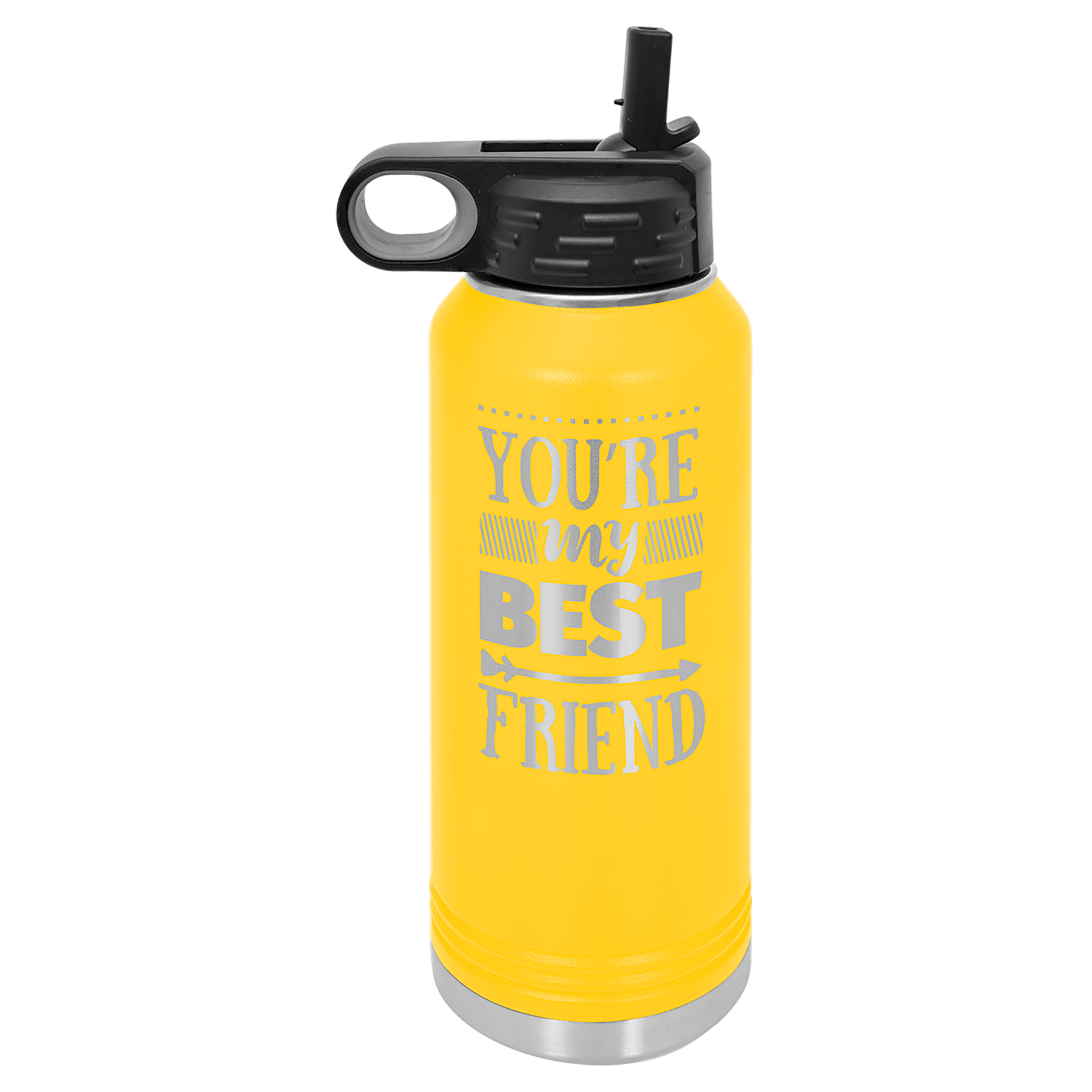 Yellow insulated water bottle with black lid and straw, labeled “You’re my best friend.”