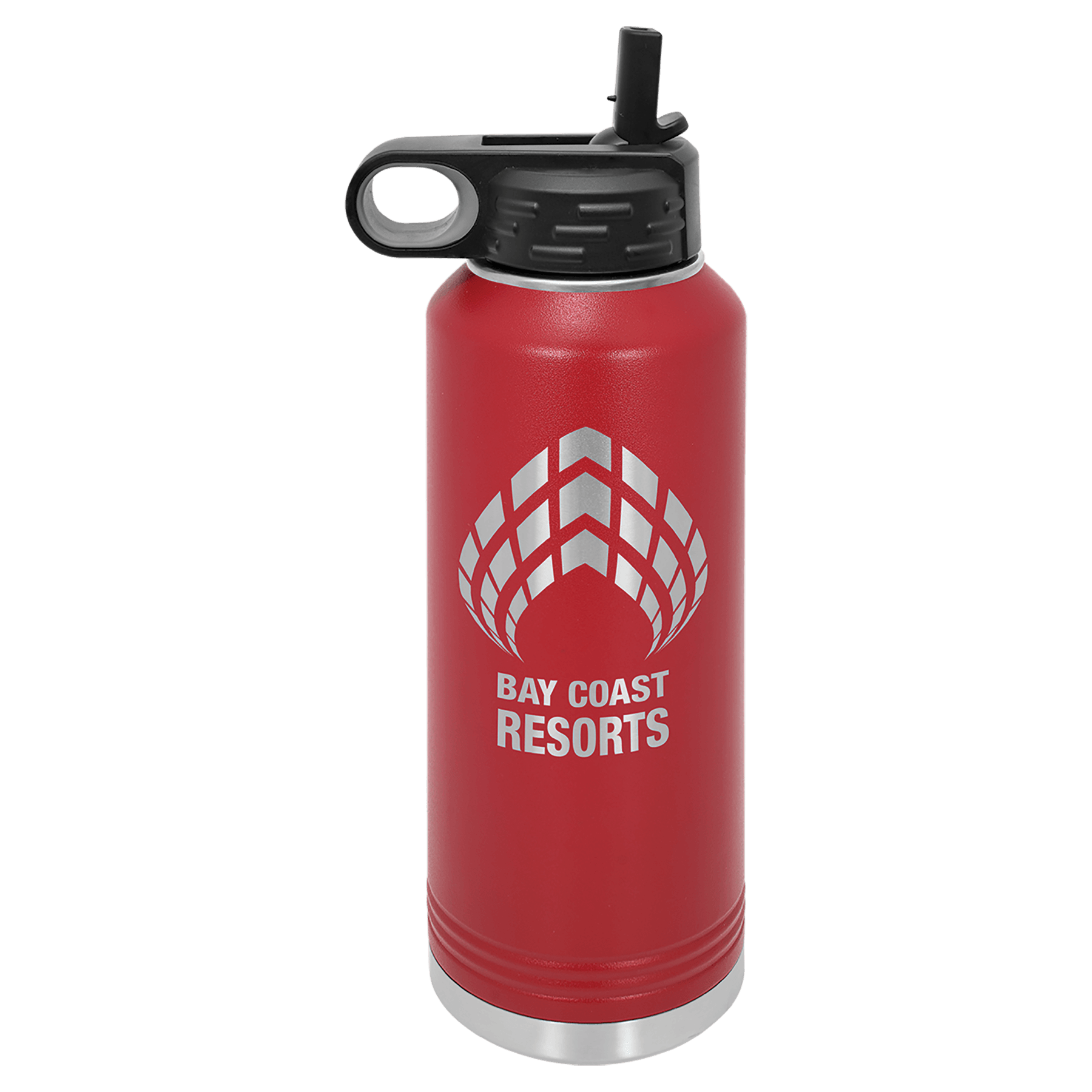 Red water bottle with black lid and “Gay Goat Resorts” logo on white background