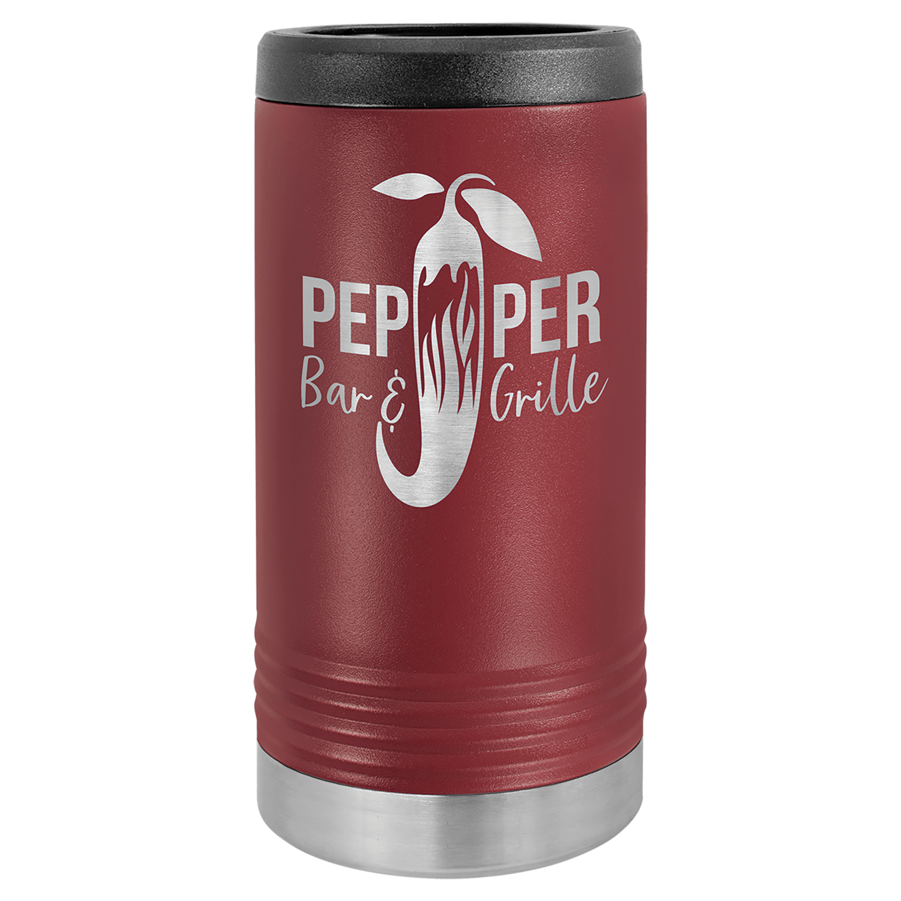 Red insulated tumbler with black lid and silver base, printed with Peppermill Bar & Grille logo