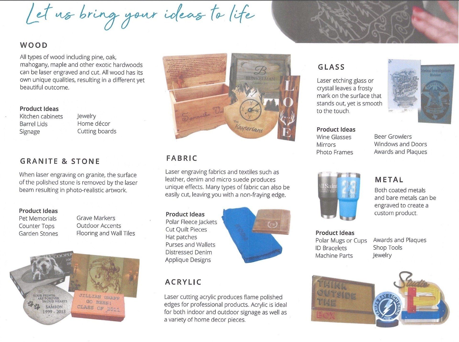 Flyer showing decorative memorial products: vases, lanterns, granite, bronze, and glass keepsakes.