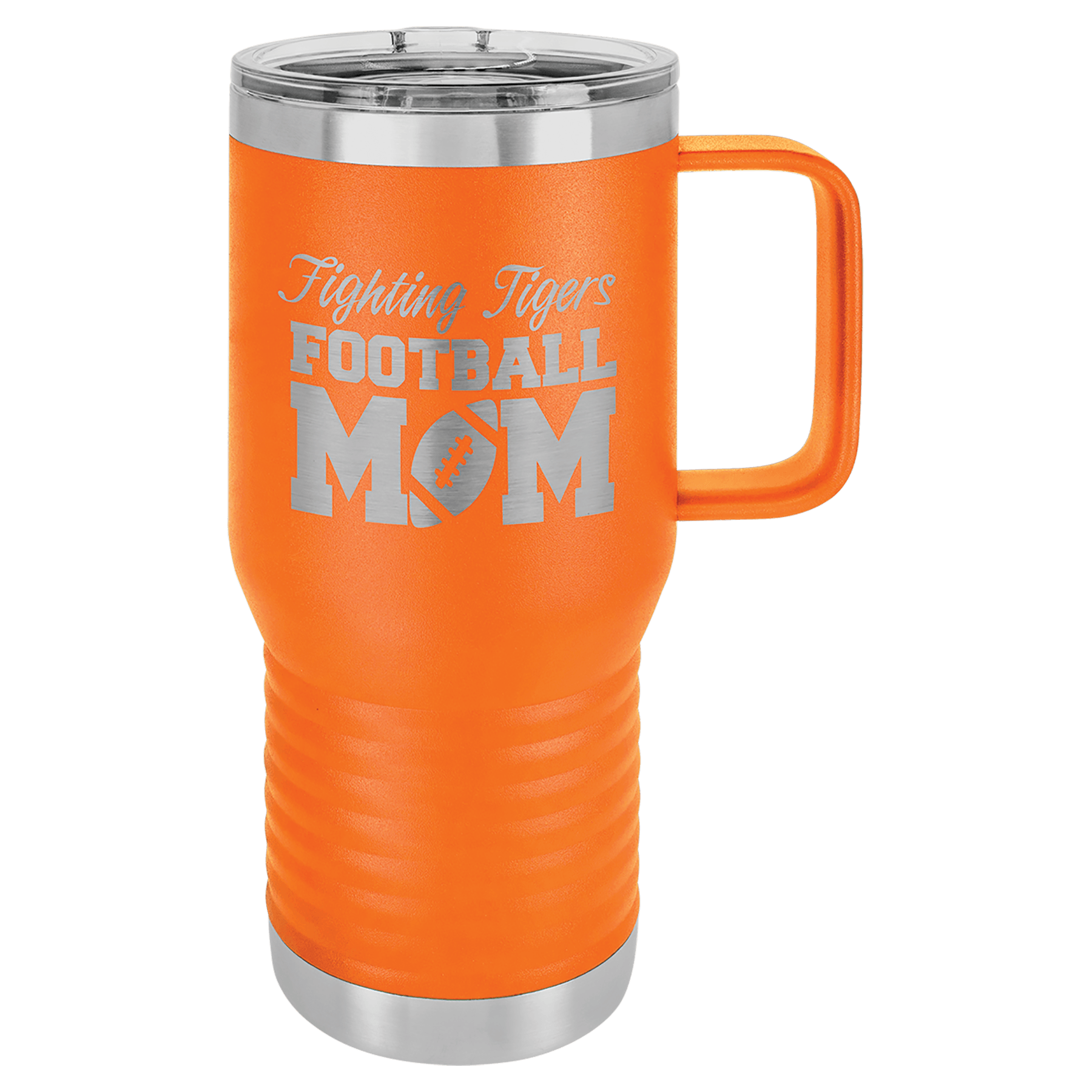 Orange insulated travel mug with handle and “Football Mom” text in white and silver