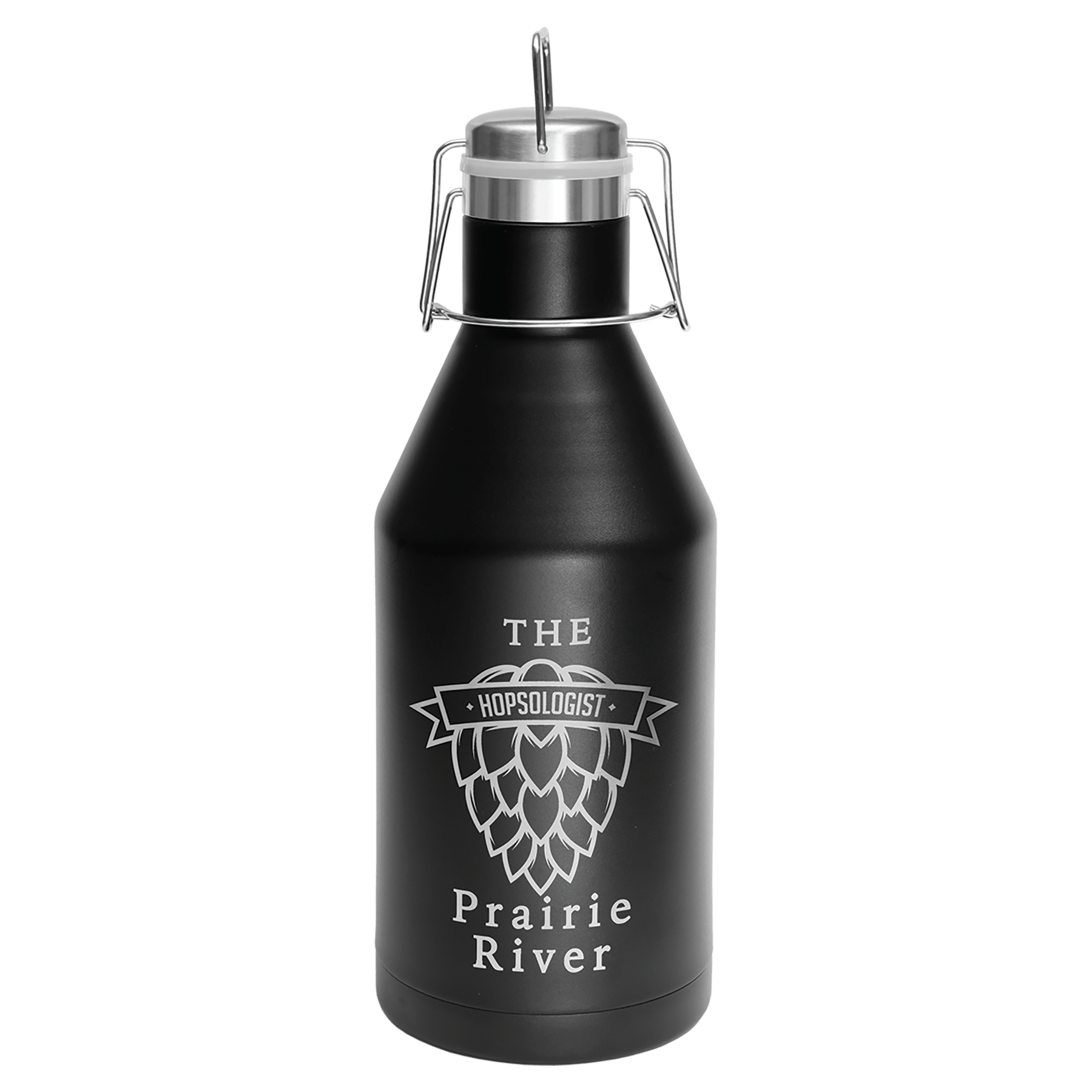 Black Prairie River bottle with a swing-top lid and “The Hesperides” label on a white background