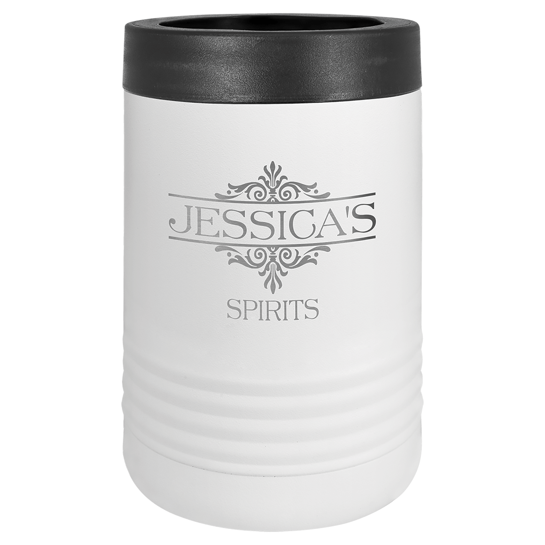 White insulated tumbler with black lid, printed “Jessica’s Spirits” logo.