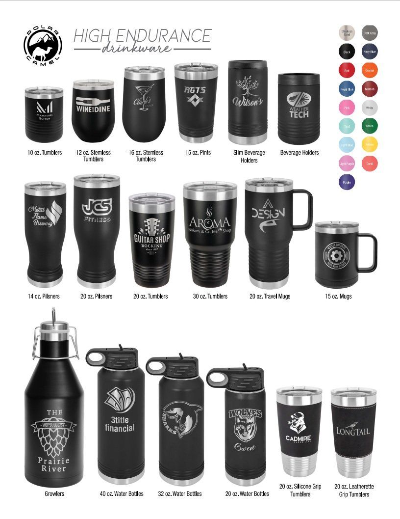 Black insulated tumblers and mugs in various shapes, sizes, and colors with logo designs on white background