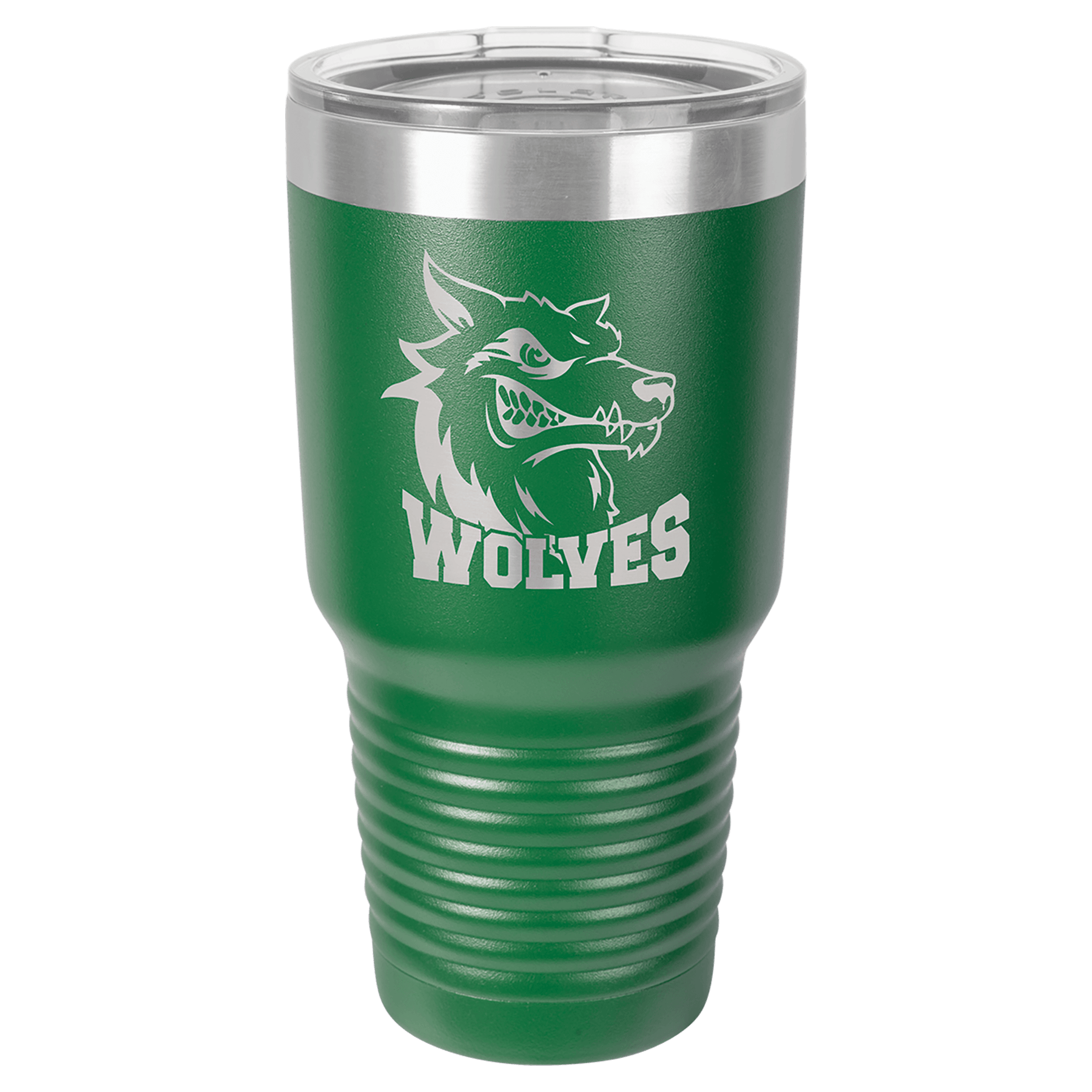 Green insulated tumbler with a silver lid and white wolves logo and text