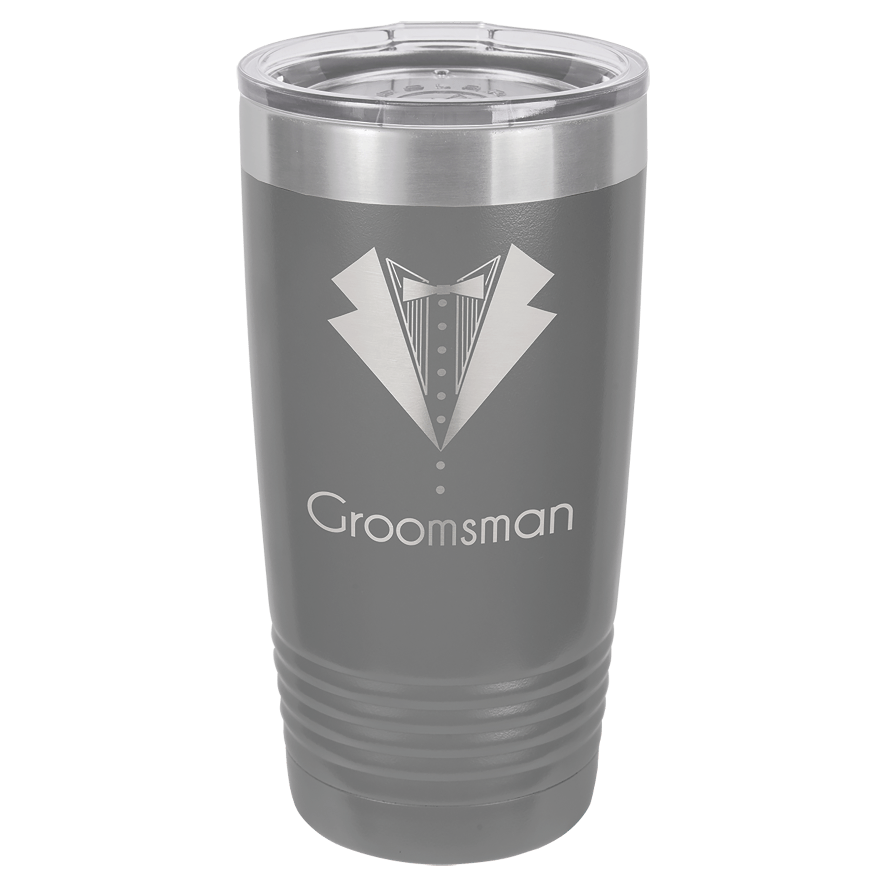 Gray stainless steel tumbler with tuxedo graphic and the word “Groomsman” printed on it