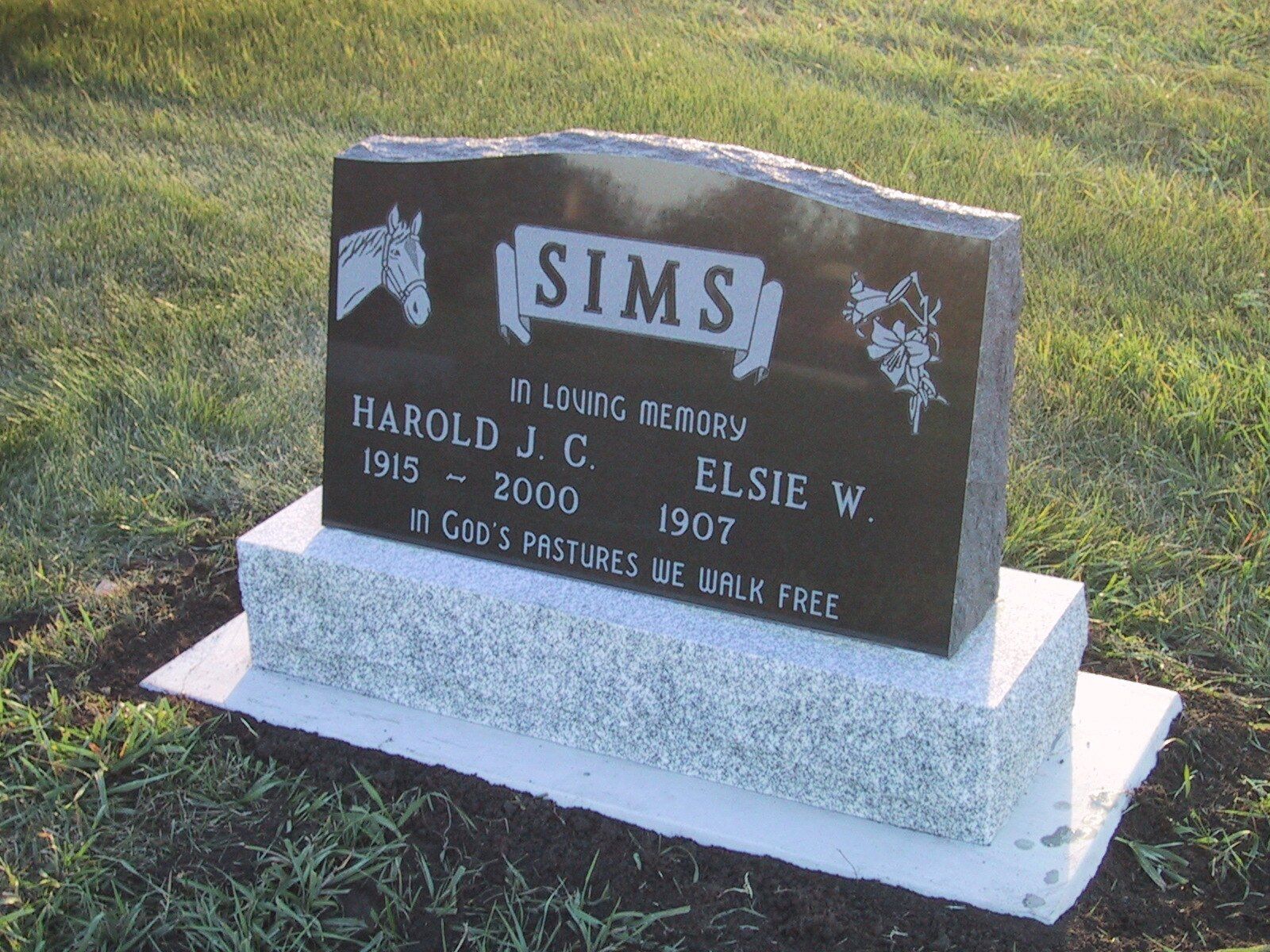 Sims family gravestone on a white base, set in grass outdoors.