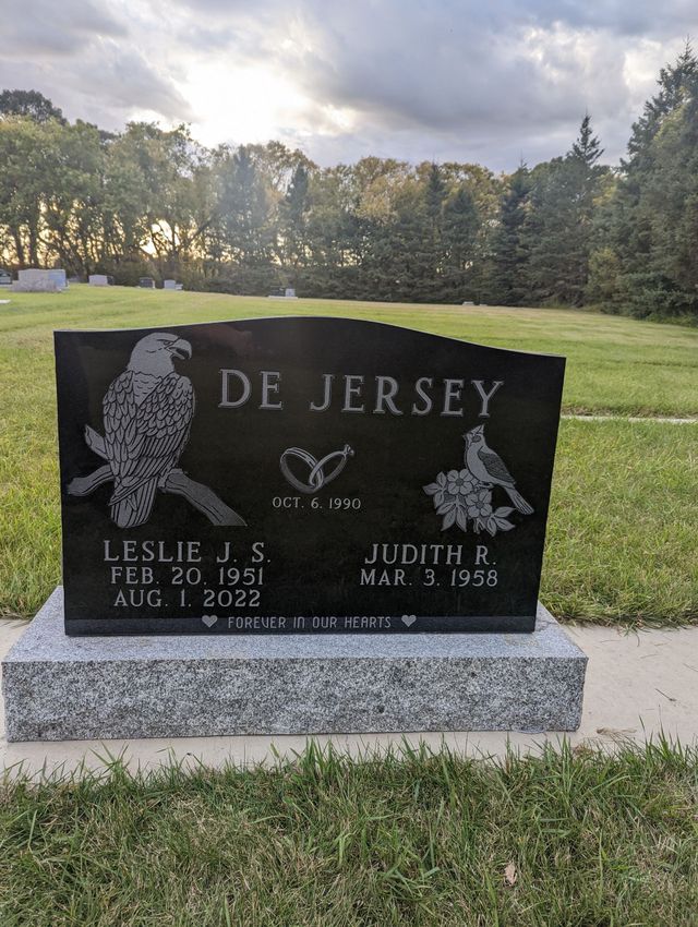 Black granite memorial headstone with cat engravings in a grassy cemetery under cloudy sky