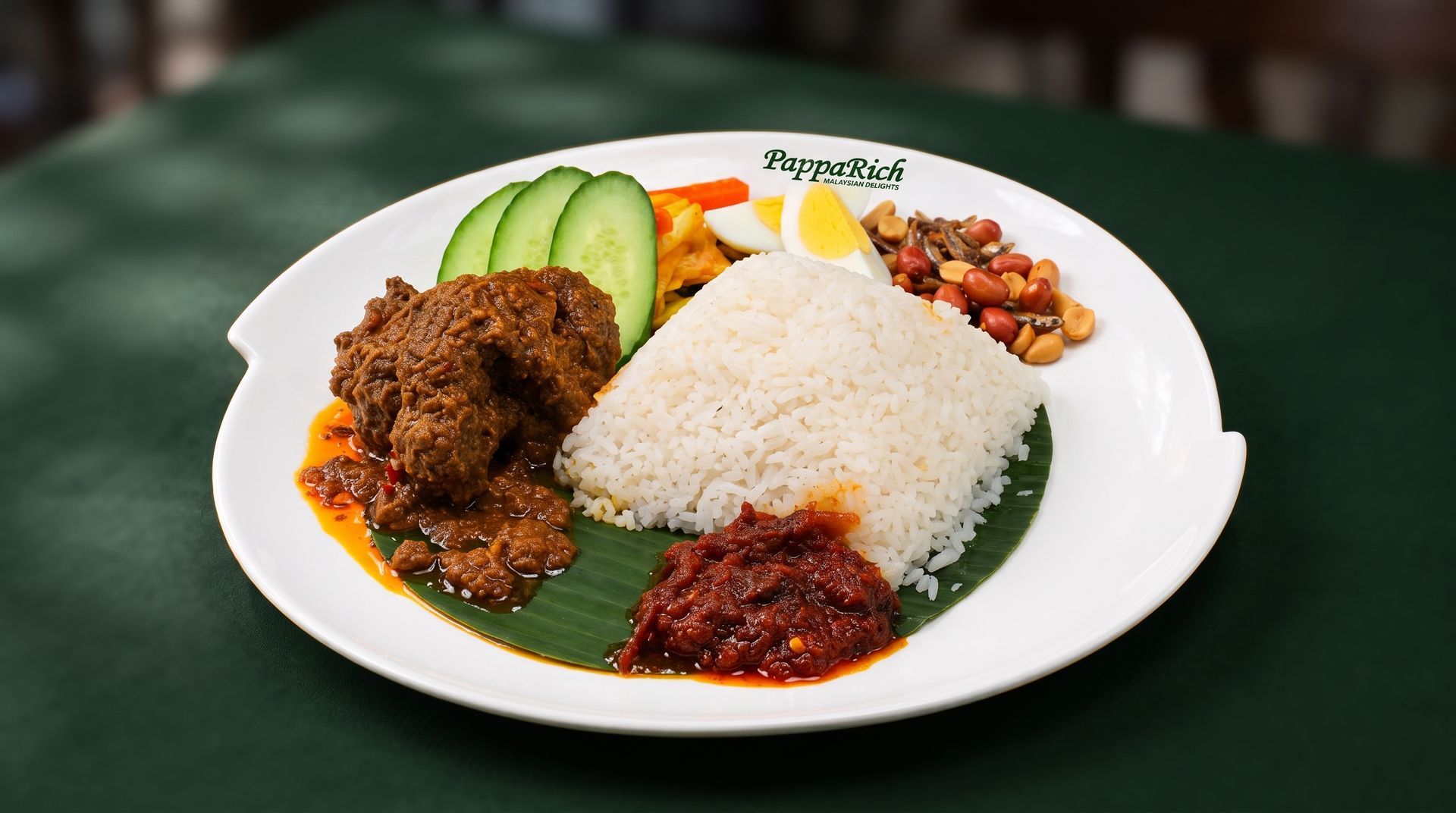 Plate of rice with braised meat, cucumber slices, omelet, and chili sauce on a banana leaf-lined dish