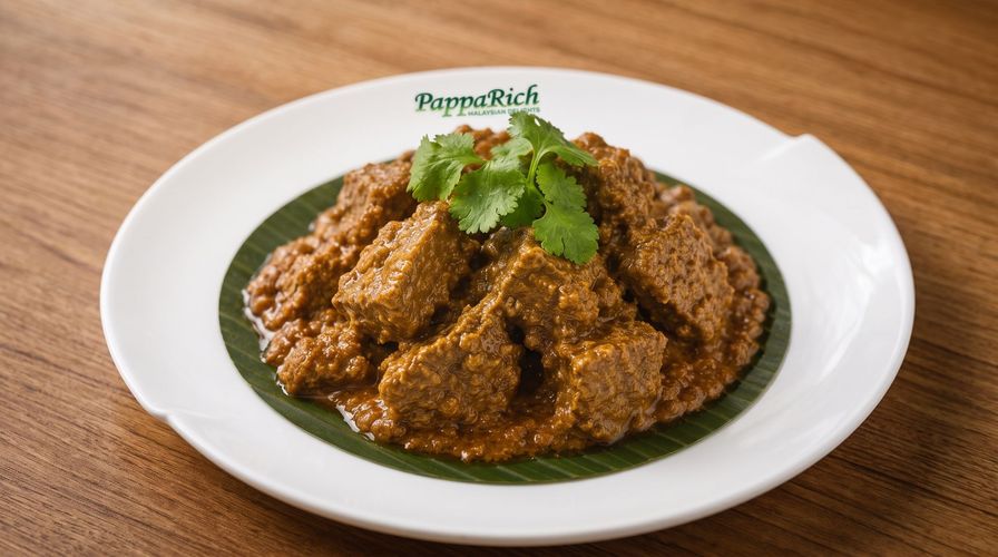 Plate of brown curry garnished with cilantro, served on a white plate on a wooden table