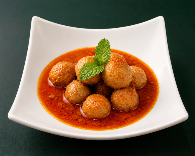 Bowl of round fried dumplings in red sauce, garnished with mint leaves