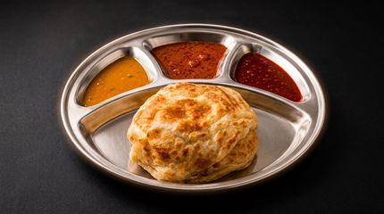 Indian bread on a metal tray with three small servings of colorful chutneys