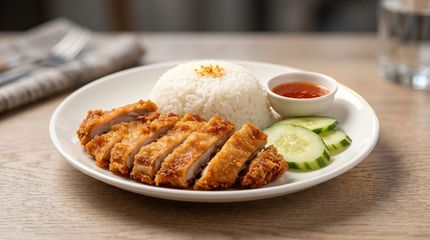 Plate of sliced grilled meat with rice, cucumber slices, and a small cup of red dipping sauce on a wooden table