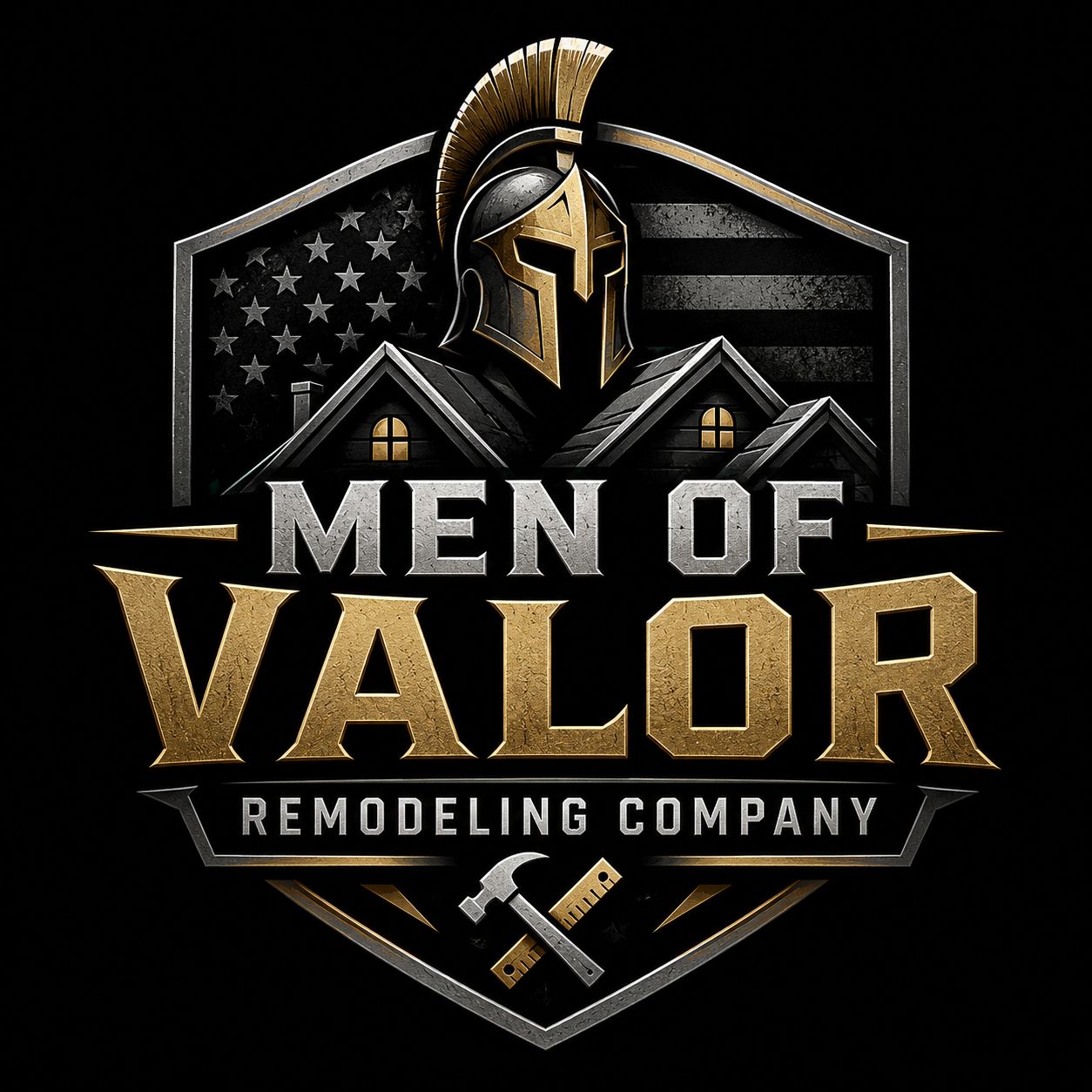 Men of Valor Remodeling Company logo with gold Spartan helmet on black shield and tools