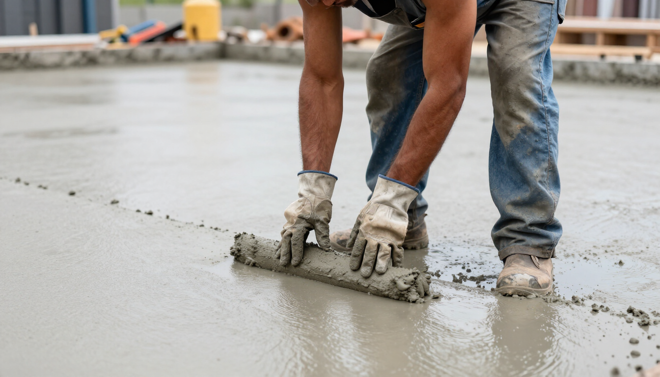 Workers smoothing wet concrete on a road with a trowel, wearing gloves and jeans.