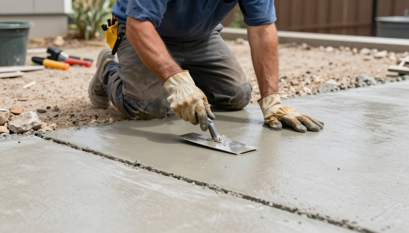 Worker smoothing wet concrete with a trowel on a construction site