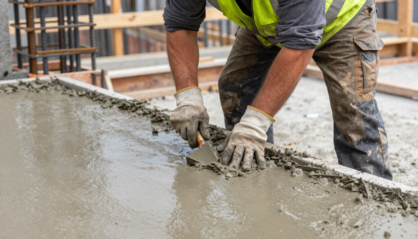 Construction worker smoothing wet concrete on a slab with a trowel, wearing gloves and a safety vest.