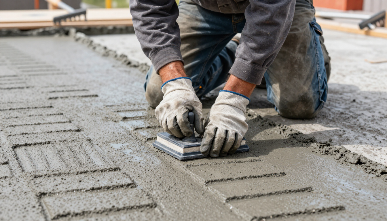 Worker smoothing wet concrete with a trowel at a construction site