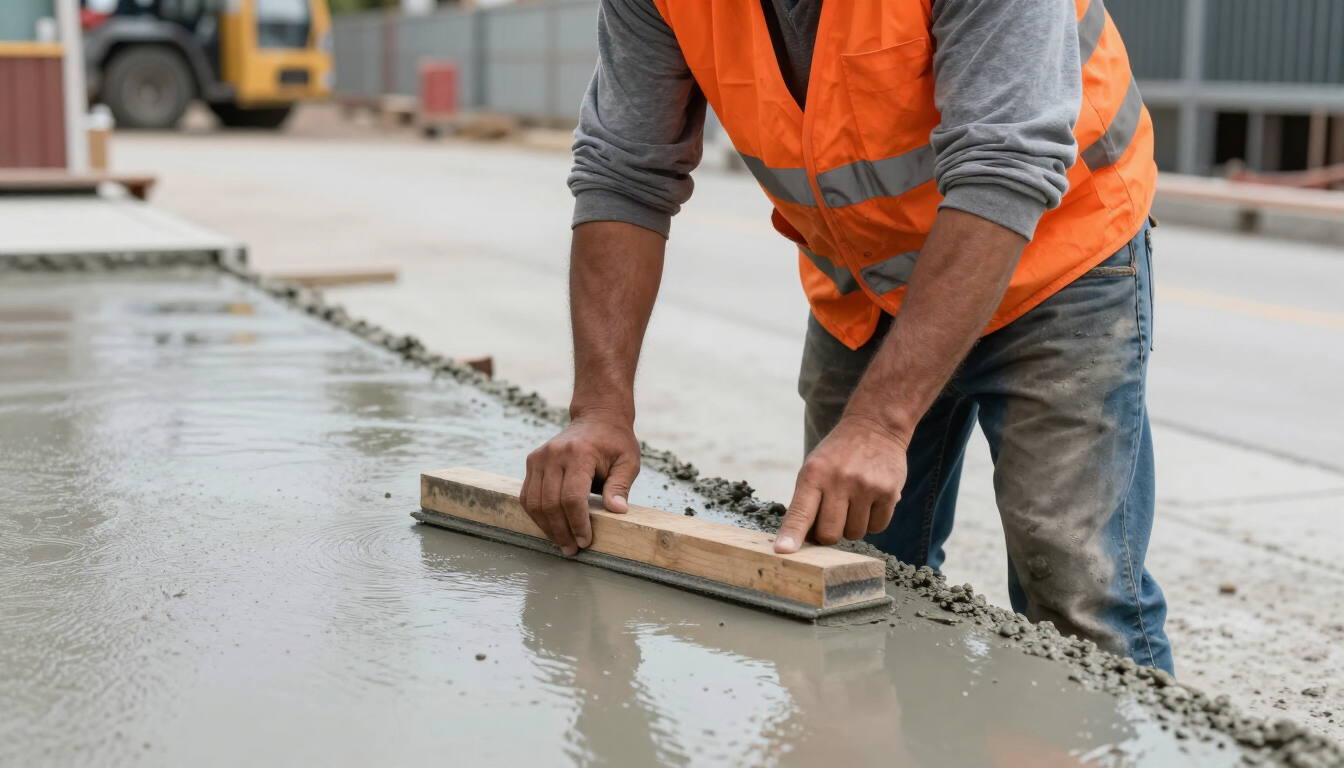 Worker in orange safety vest smoothing wet concrete with a trowel at a construction site