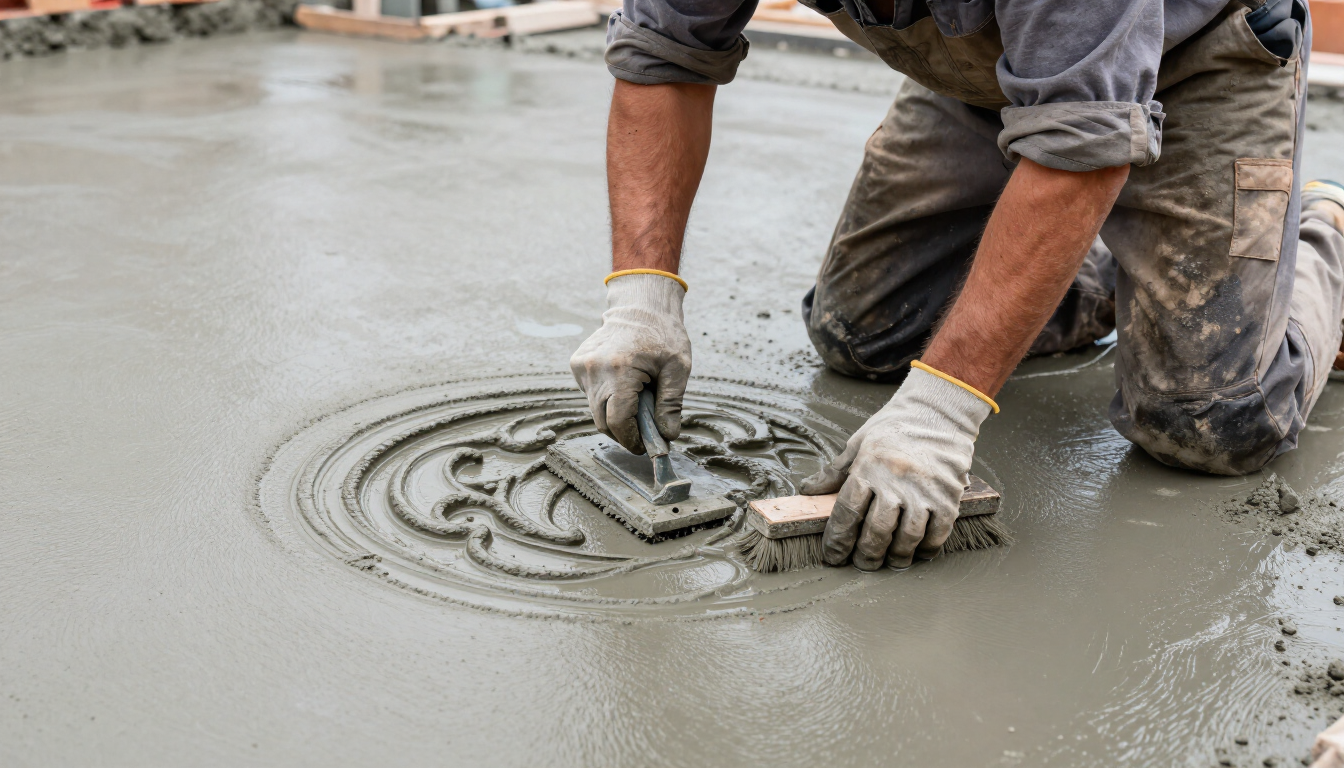 Worker smoothing wet concrete around a decorative circular design with gloved hands