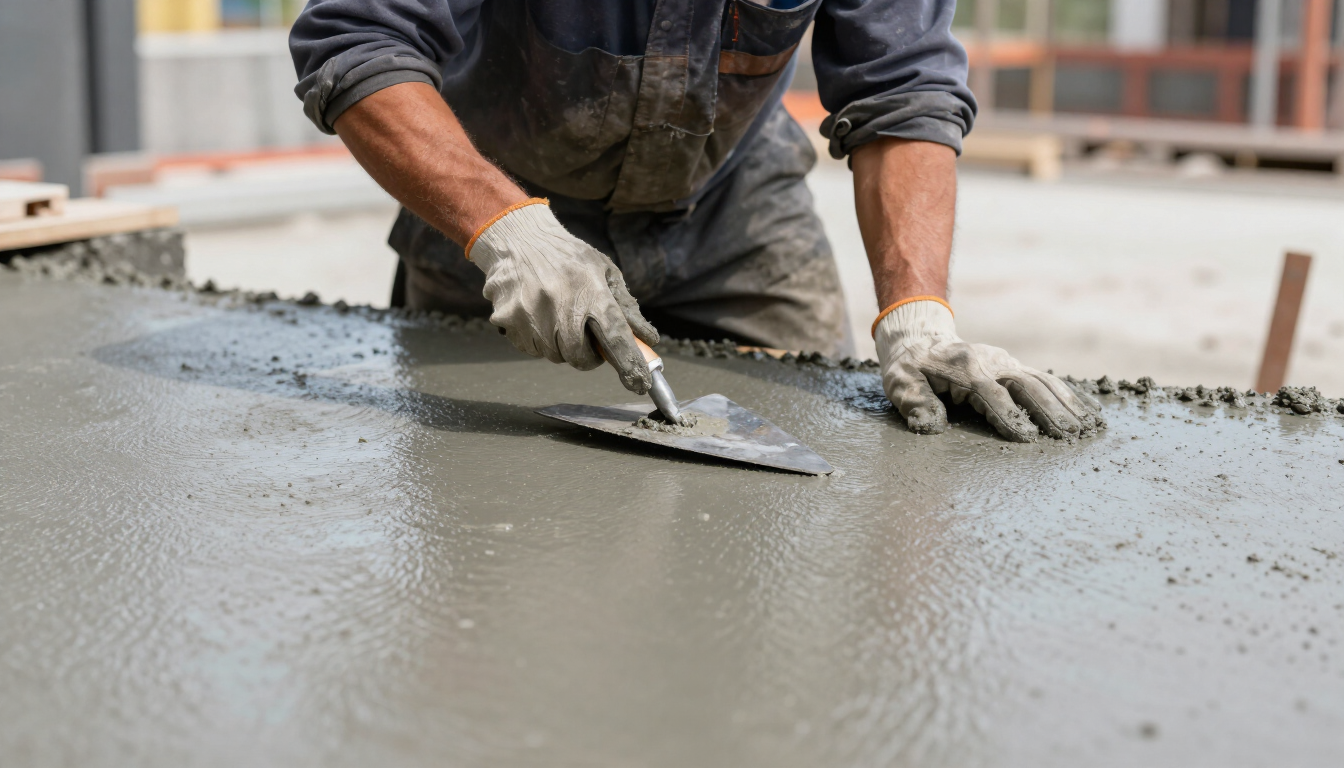 Worker smoothing wet concrete with a trowel at a construction site
