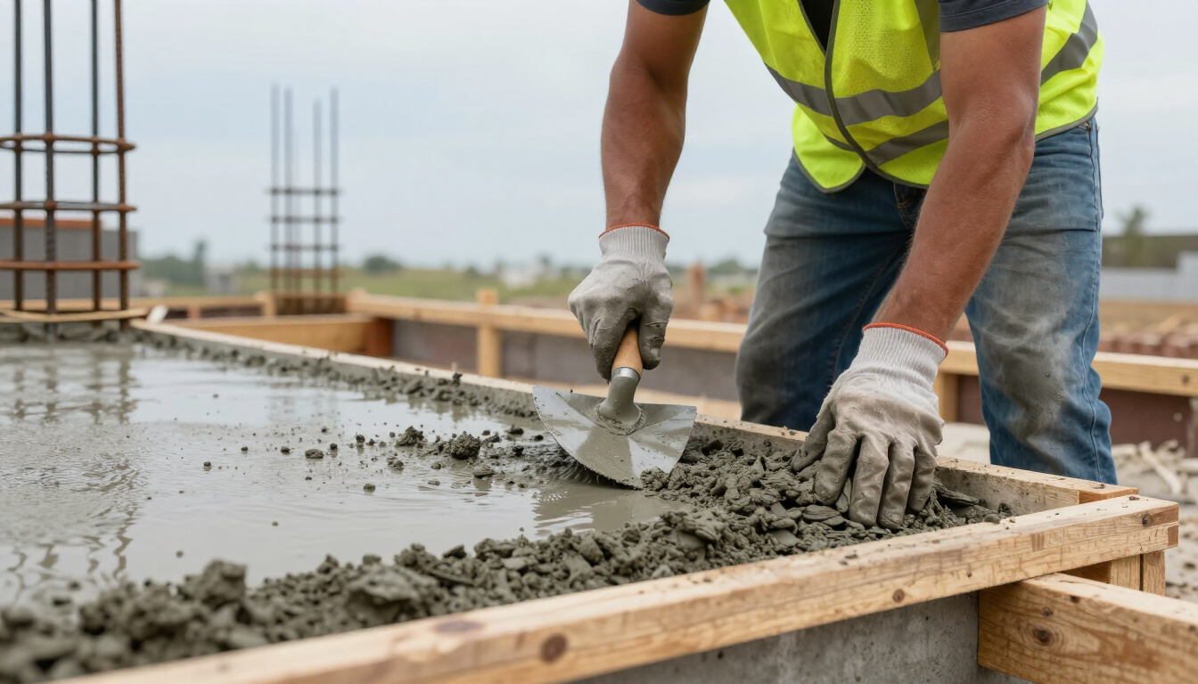 Construction worker smoothing wet concrete in a wooden form at a building site