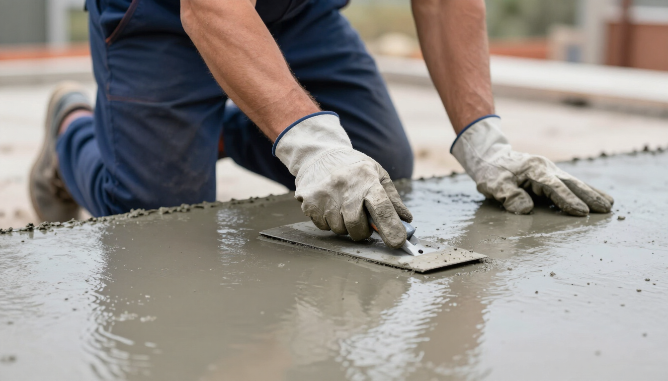 Worker smoothing wet concrete with a trowel, wearing gloves and kneeling on the ground