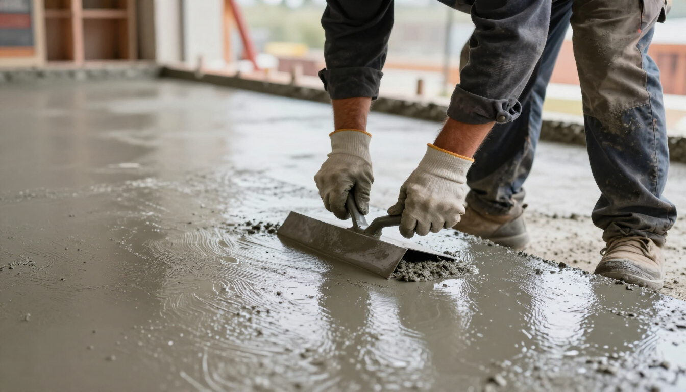 Workers smoothing wet concrete with a trowel on a floor indoors
