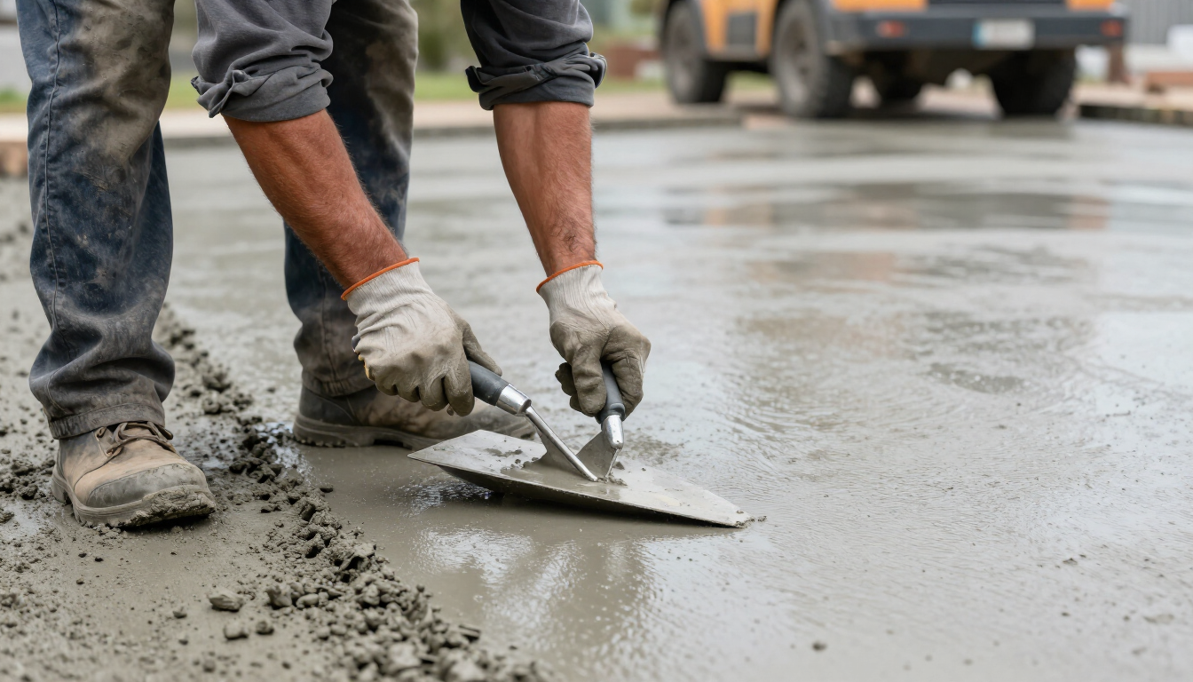 Worker smoothing wet concrete with a trowel on a construction site