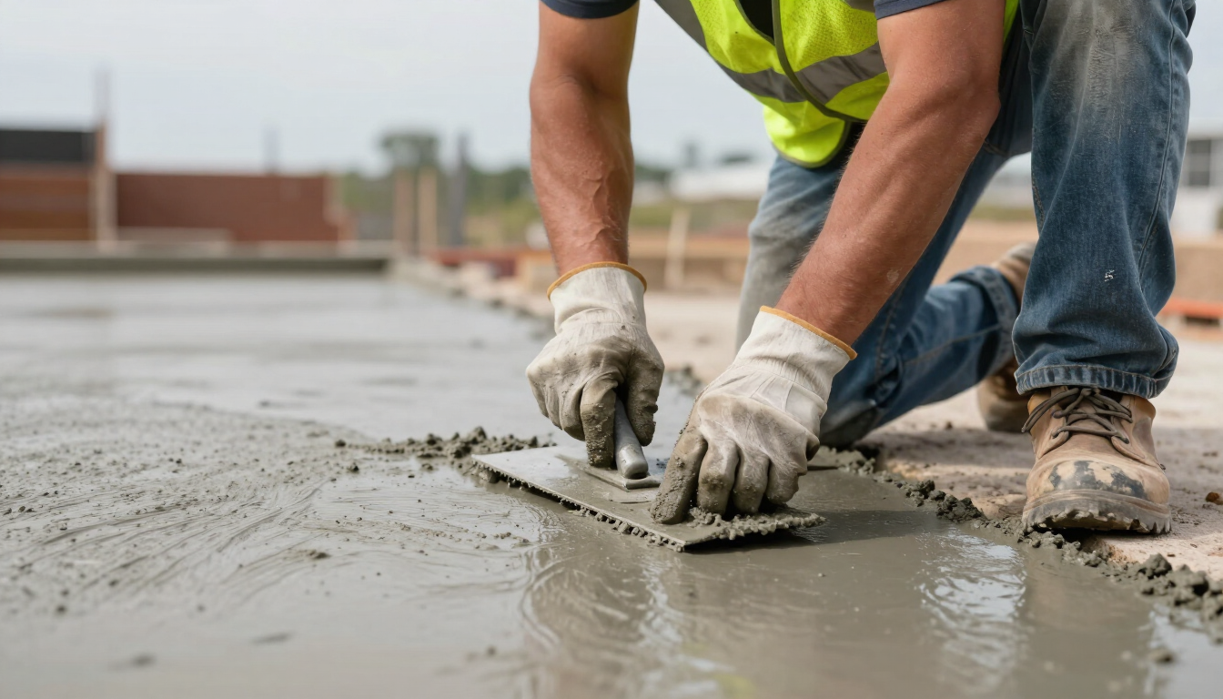 Construction worker smoothing wet concrete with a trowel on a job site