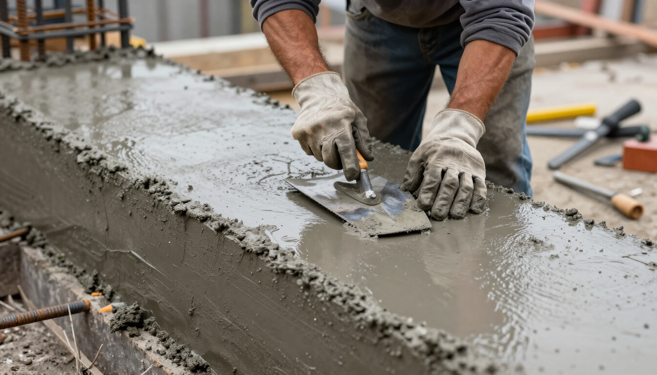Worker smoothing wet concrete with a trowel on a construction site