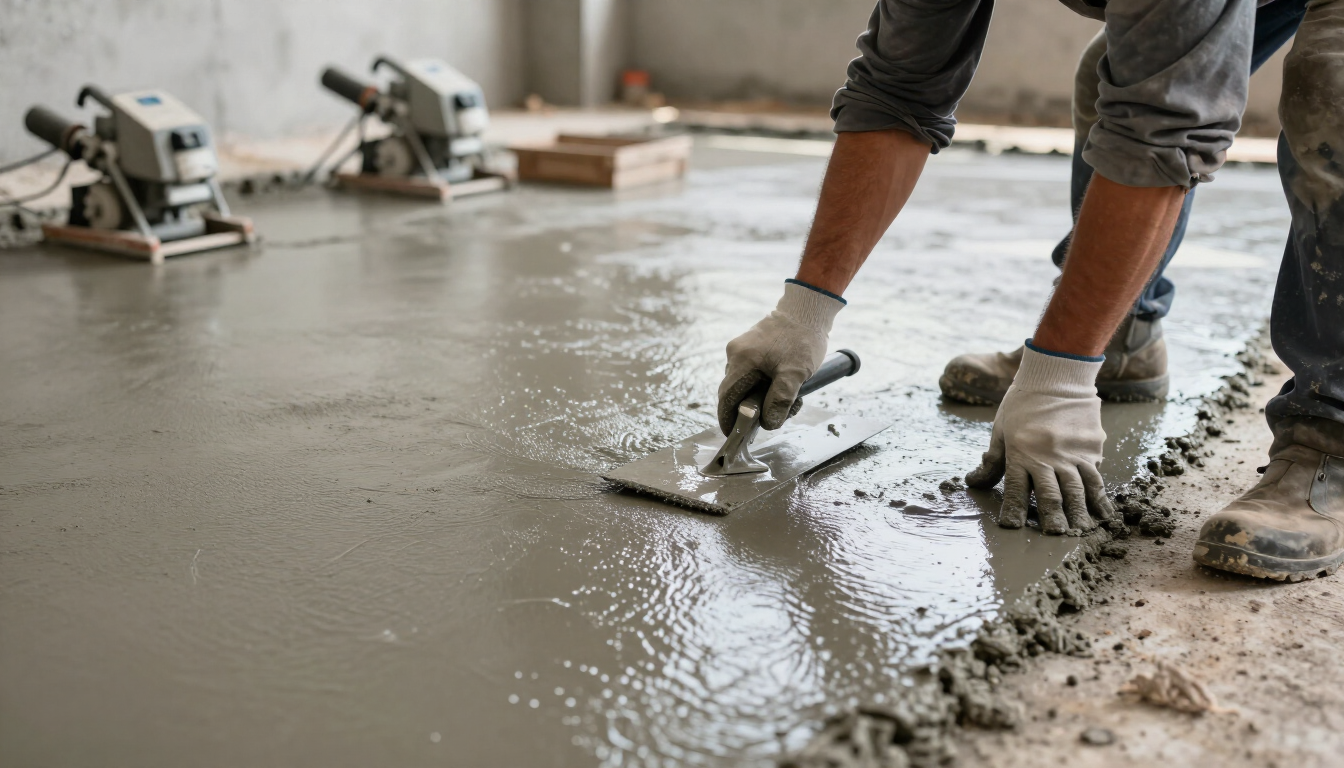 Worker smoothing wet concrete with a trowel on a floor under construction