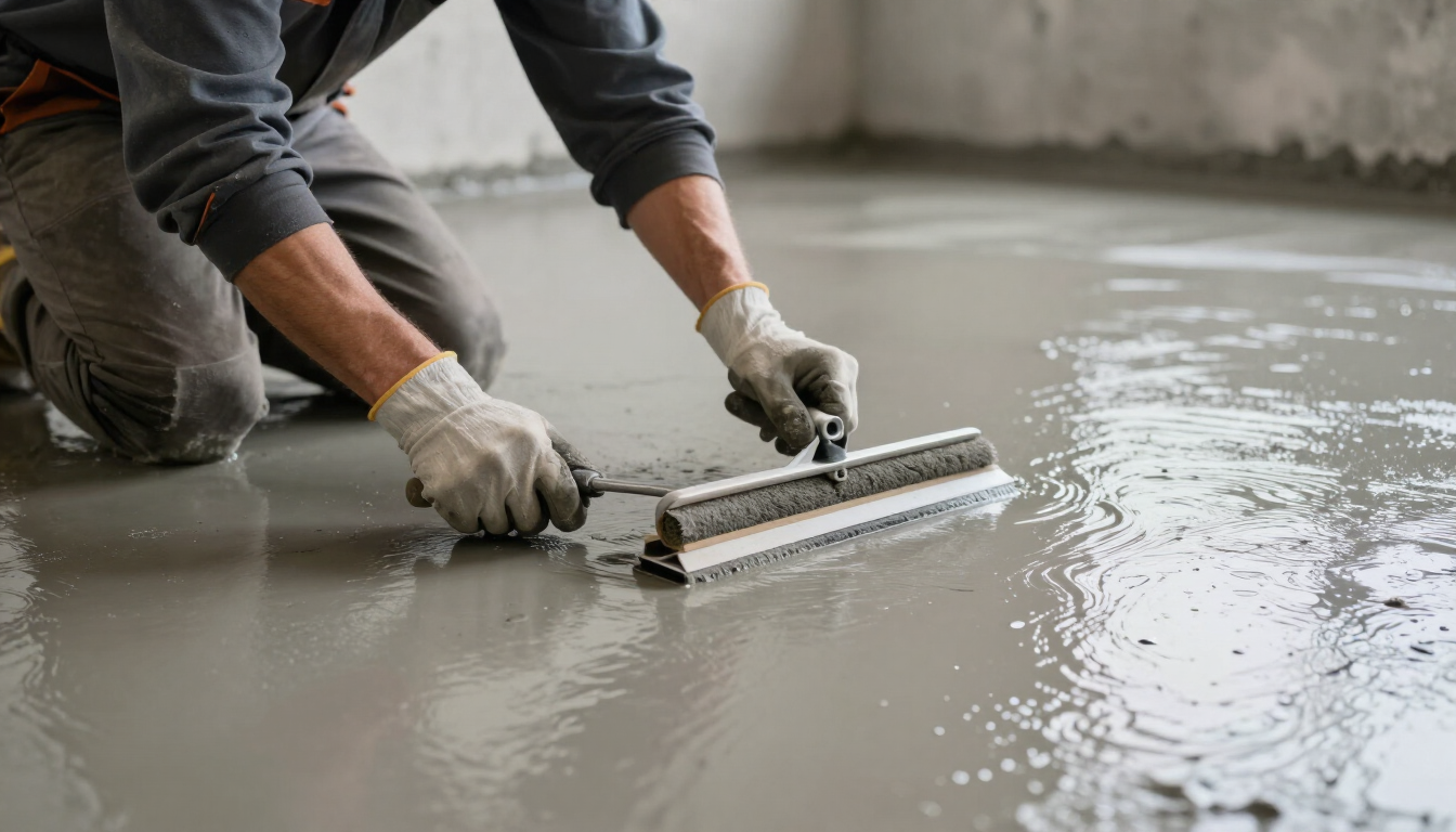 Worker smoothing wet concrete with a trowel on a floor