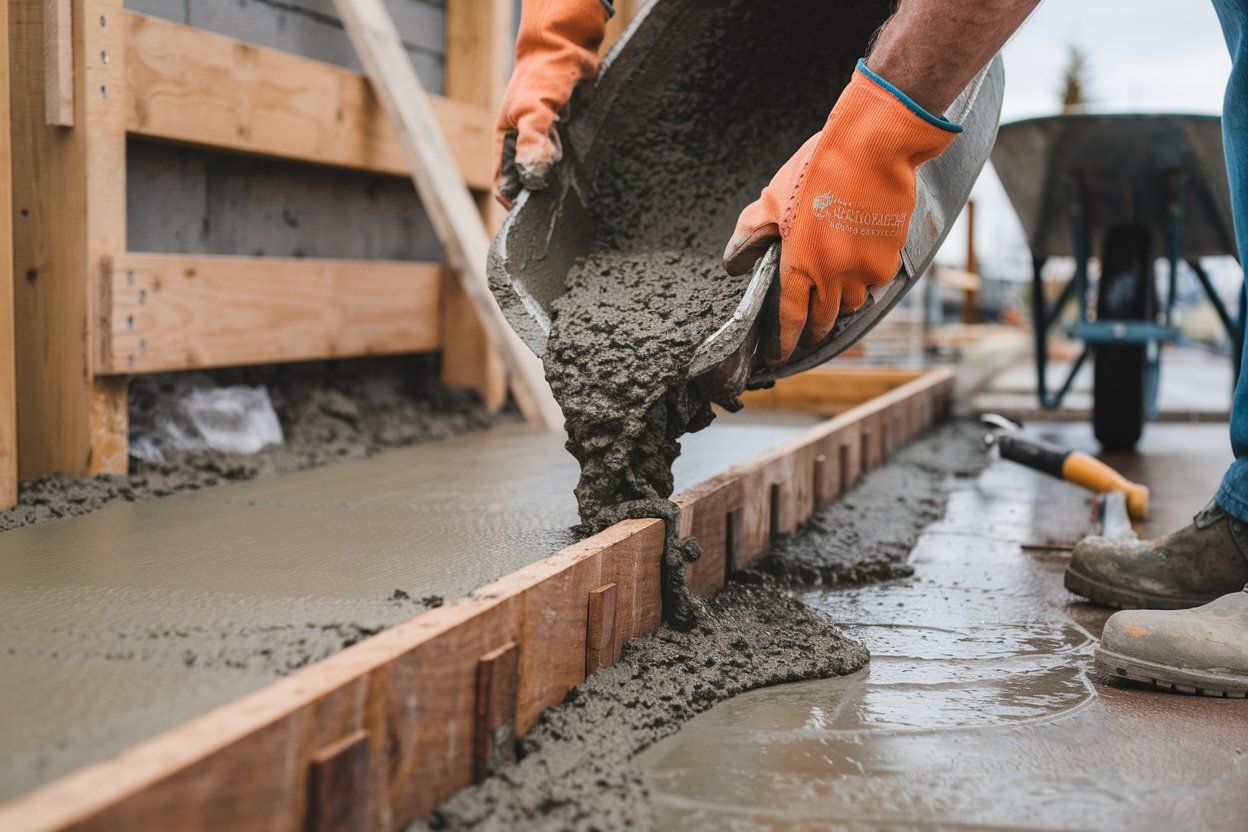 A man is pouring concrete into a wooden frame.