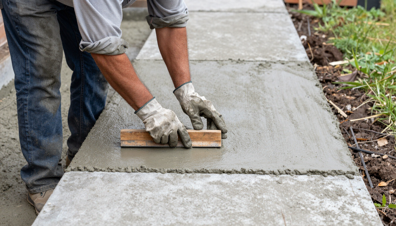 Worker smoothing wet concrete sidewalk with a trowel and board, wearing gloves outdoors
