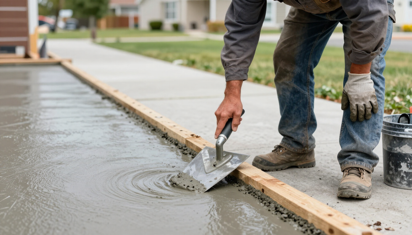 Worker smoothing wet concrete along a wooden form on a driveway construction site