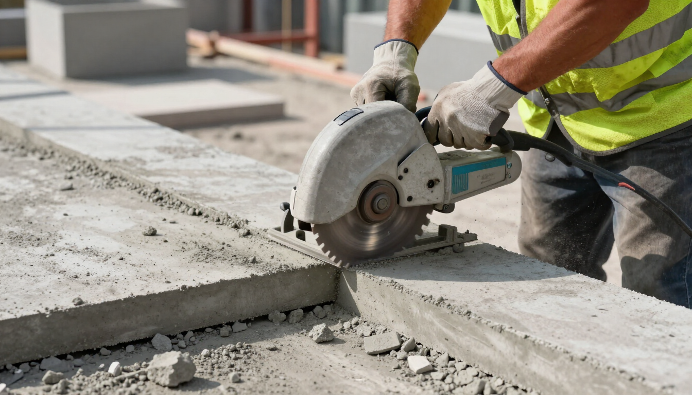 Worker using a concrete saw to cut a sidewalk slab during construction