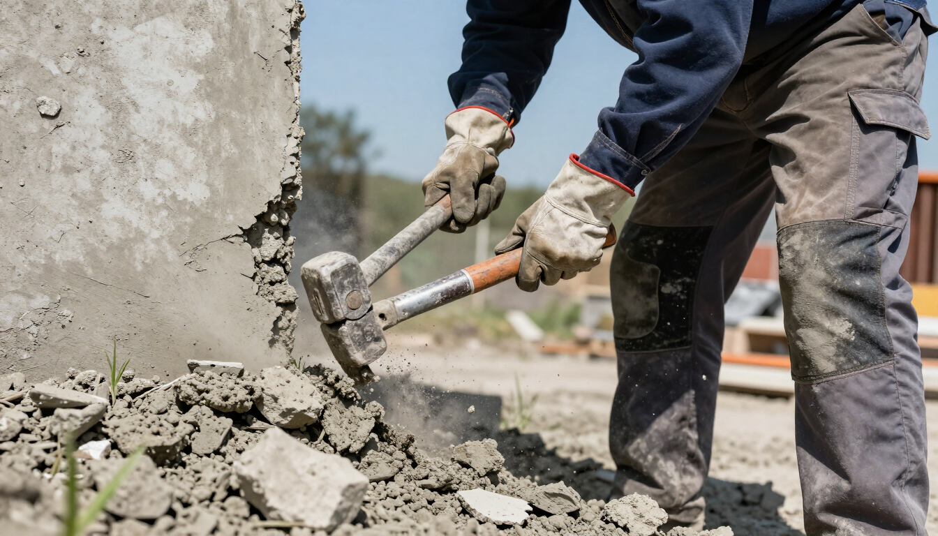 Worker using a sledgehammer to break concrete rubble at a construction site