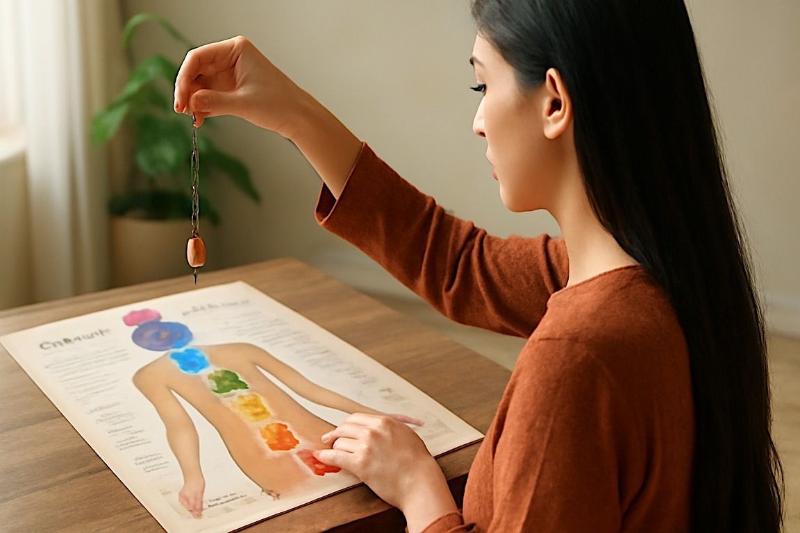 Woman using a pendulum to assess chakras on a diagram of a human body; wooden table, indoor setting.