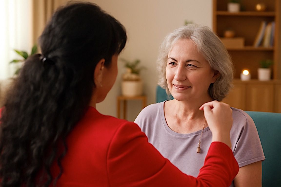 Woman in red jacket gently touches the shoulder of a smiling older woman with gray hair in a home setting.